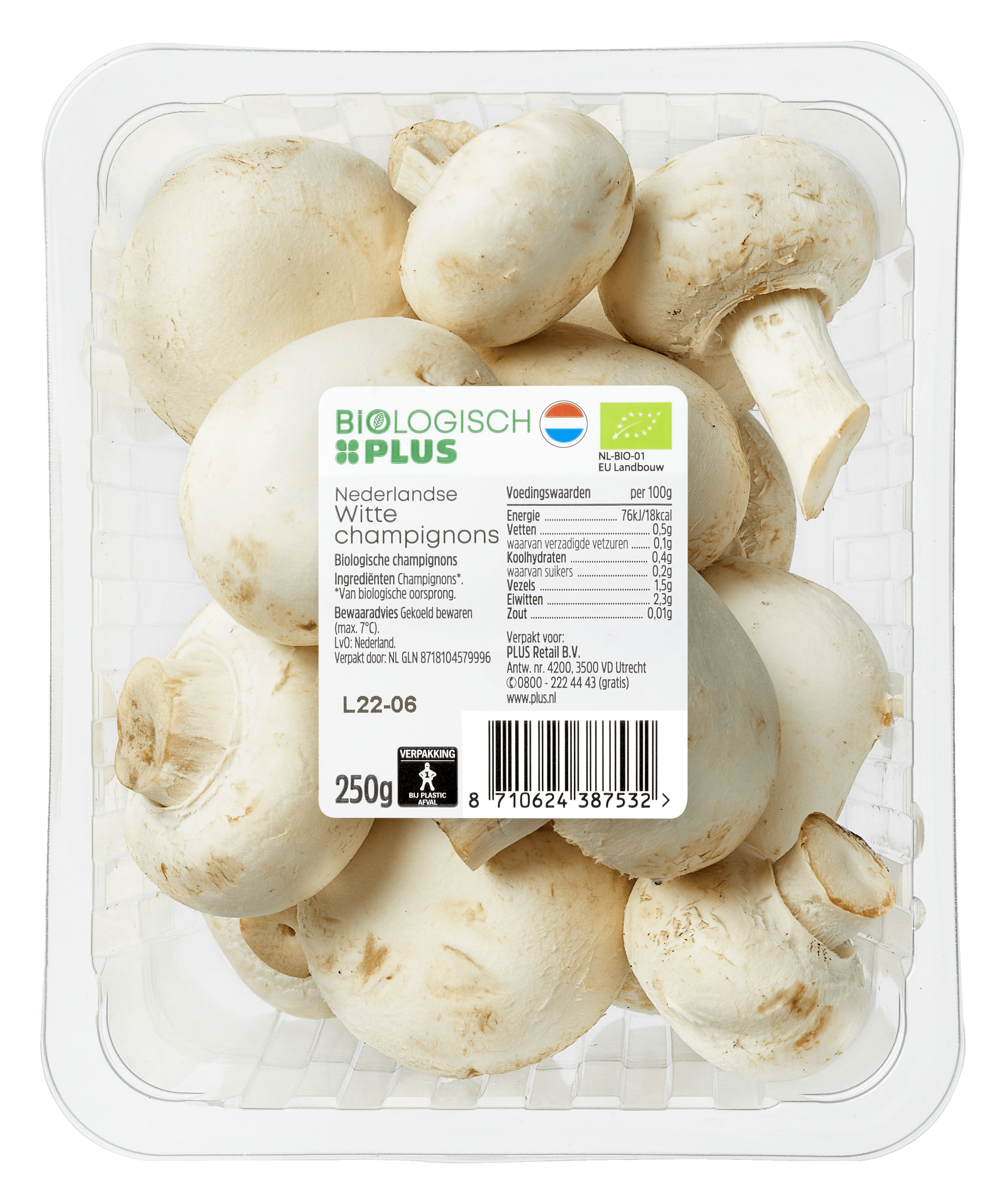 Biologisch PLUS Paddenstoelen Champignons wit bio Tray 250 g