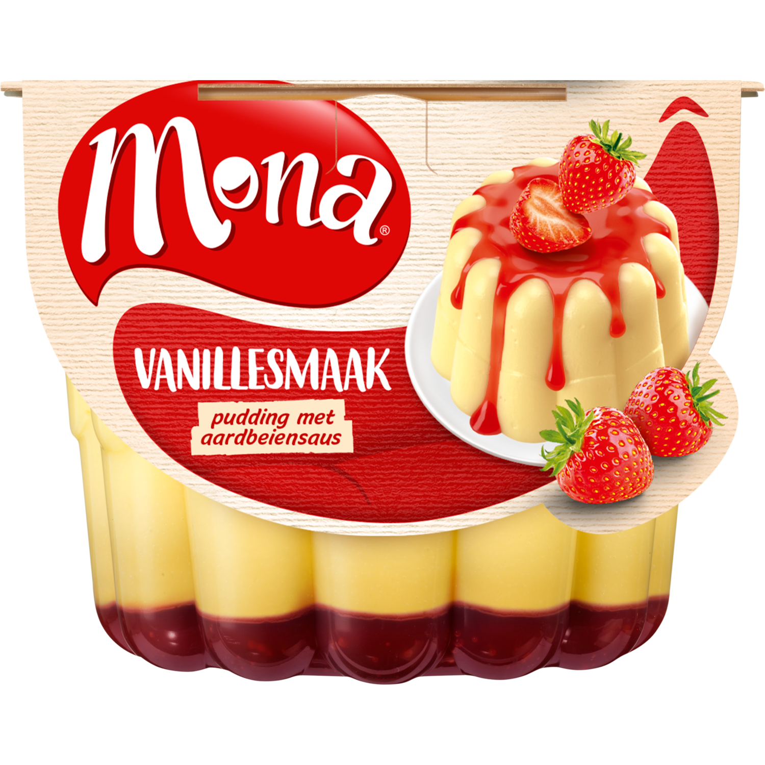 Mona Pudding vanille aardbeiensaus