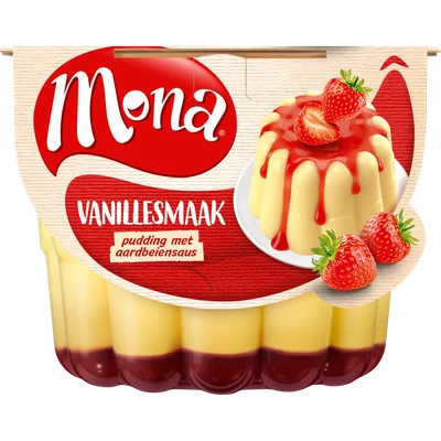 Mona Pudding vanille aardbeiensaus