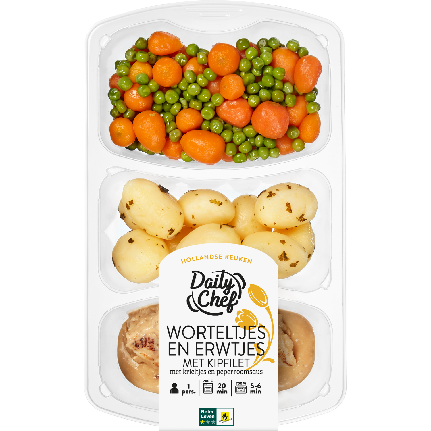Daily Chef Worteltjes en erwtjes met kipfilet krieltjes en peperroomsaus