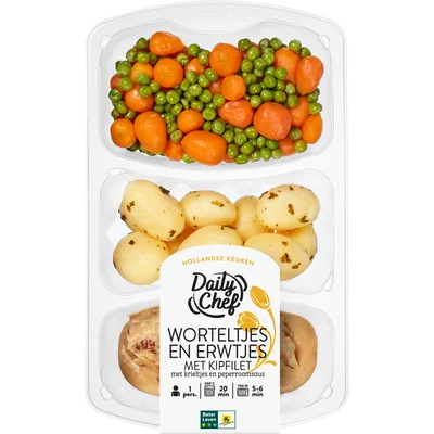 Daily Chef Worteltjes en erwtjes met kipfilet krieltjes en peperroomsaus
