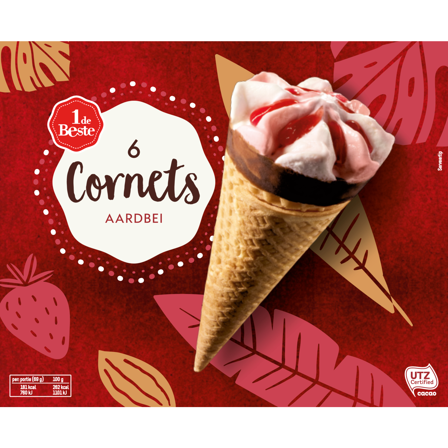 1 de Beste Cornets aardbei 6 stuks