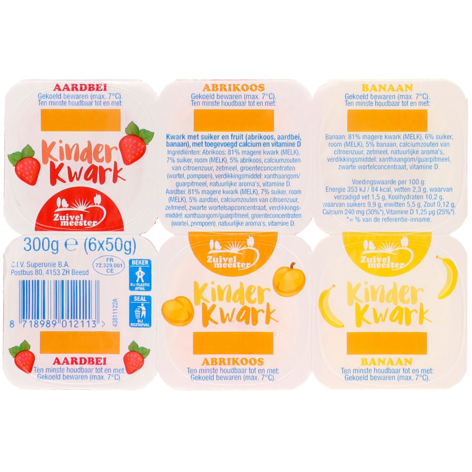 Zuivelmeester Kinderkwark aardbei-abrikoos-banaan 6 stuks