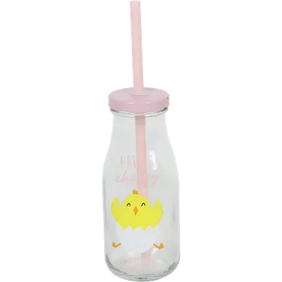 Glazen drinkfles met rietje