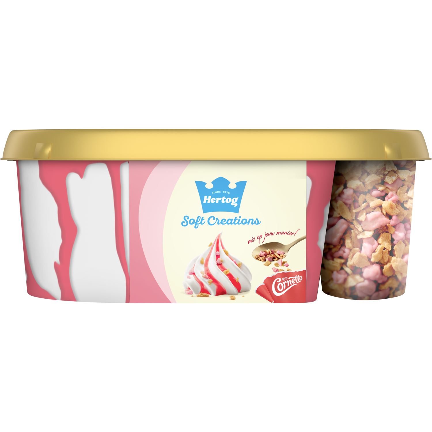 Hertog Softijs vanille met aardbeiensaus