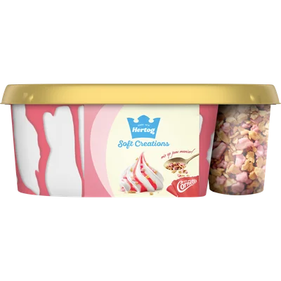 Hertog Softijs vanille met aardbeiensaus