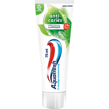 Aquafresh Anti Cariës Tandpasta voor gezonde tanden en een frisse adem 75ml, recyclebare plastic tube en dop