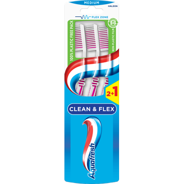 Aquafresh Clean&Flex Medium dagelijkse Tandenborstel 2+1 gratis, in 100% plasticvrije verpakking