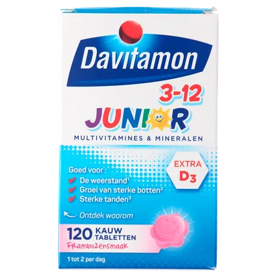 Davitamon Vitamine Junior kauwtablet framboos Doos 120 st
