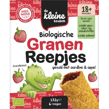 De Kleine Keuken Biologische Granen Reepjes Gevuld met Aardbei & Appel 18+ Maanden 6 Stuks 132 g