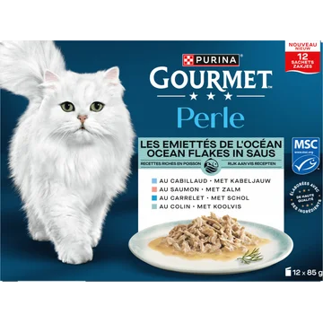 Gourmet Perle Ocean Flakes in Saus met Zalm, Kabeljauw, Koolvis, Schol, Kattenvoer 12x85g