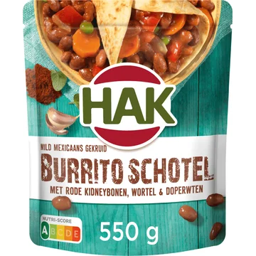 HAK mild Mexicaans gekruid Burrito schotel met kidneybonen, wortel & doperwten 550g