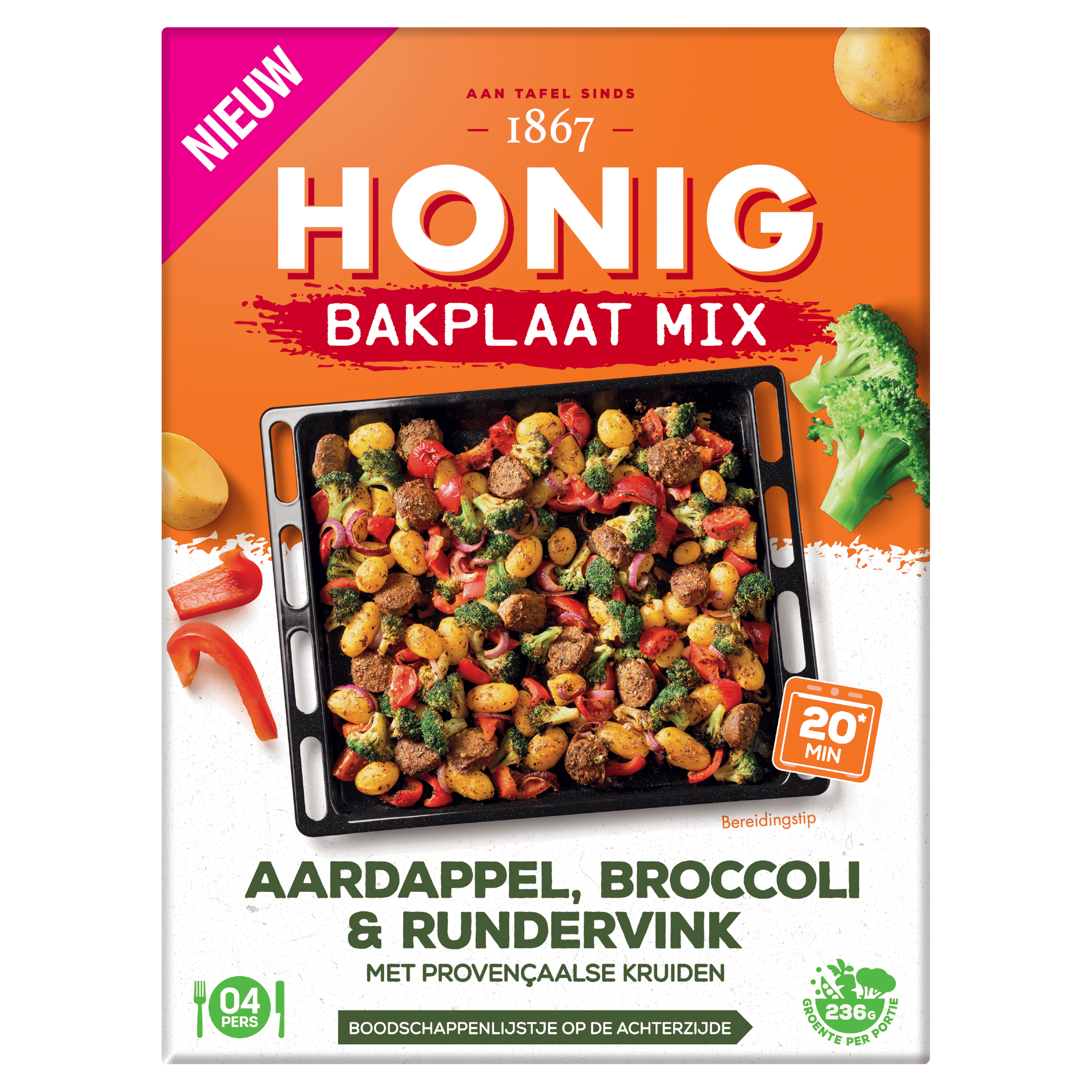 Honig Bakplaat Mix Aardappel, Broccoli &amp; Run Doos 36 g