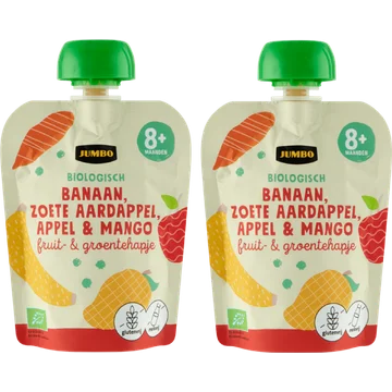 Jumbo Biologisch Fruit- & Groentehapje - Banaan, Zoete Aardappel, Appel & Mango 8+ Maanden 2x 90 g