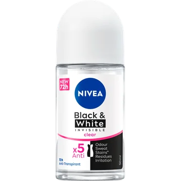 NIVEA Black & White Invisible Clear Anti-Transpirant Roller - 50ml - Deodorant - Anti-vlekken - 72 uur bescherming