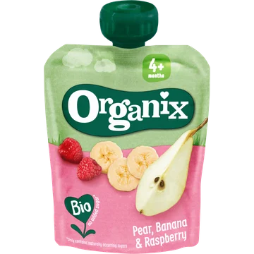 Organix Knijpfruit Peer, Banaan & Framboos 4+m 90g