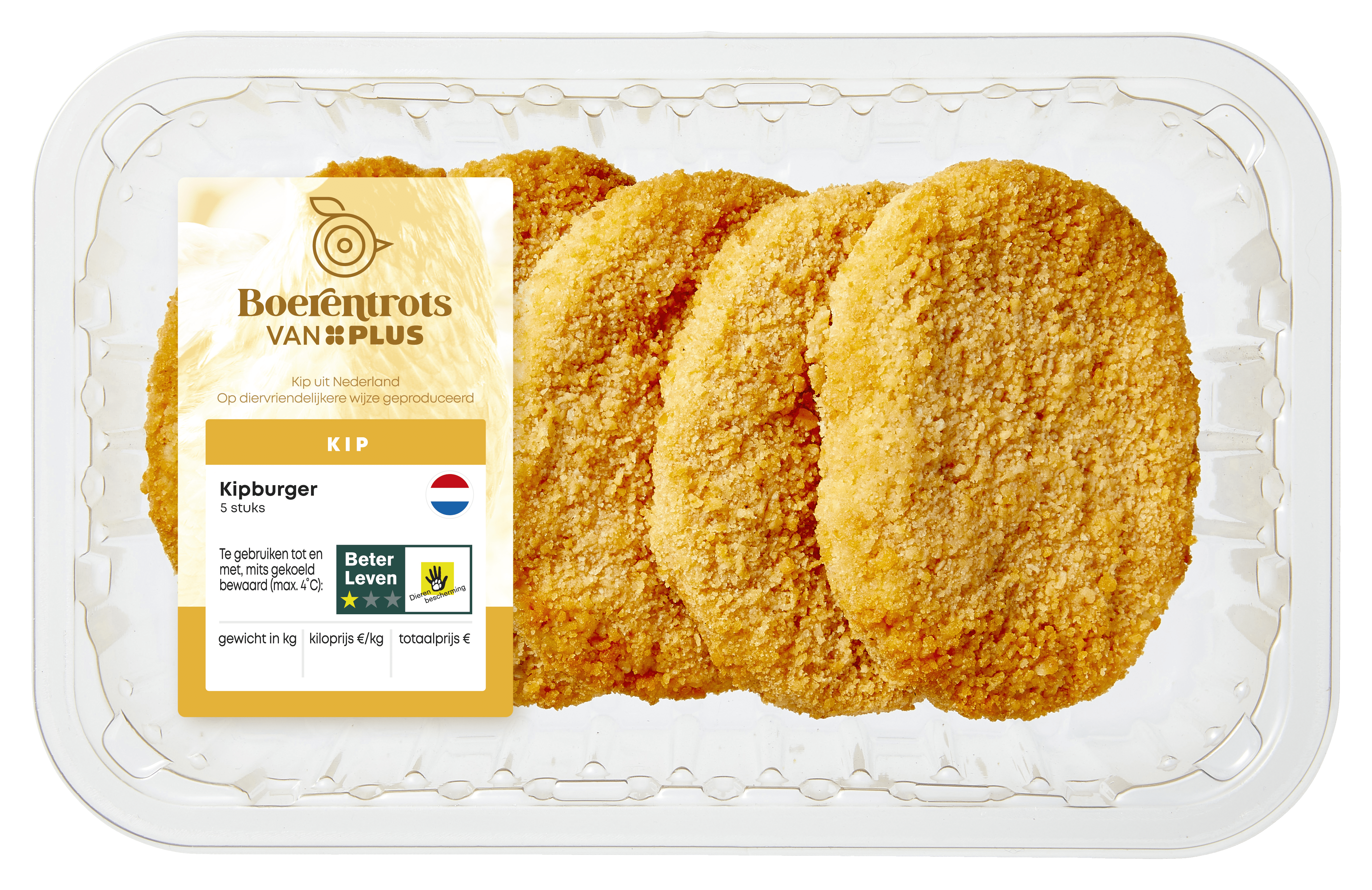 PLUS Boerentrots Kipburger gepaneerd 5 stuks Tray 500 g