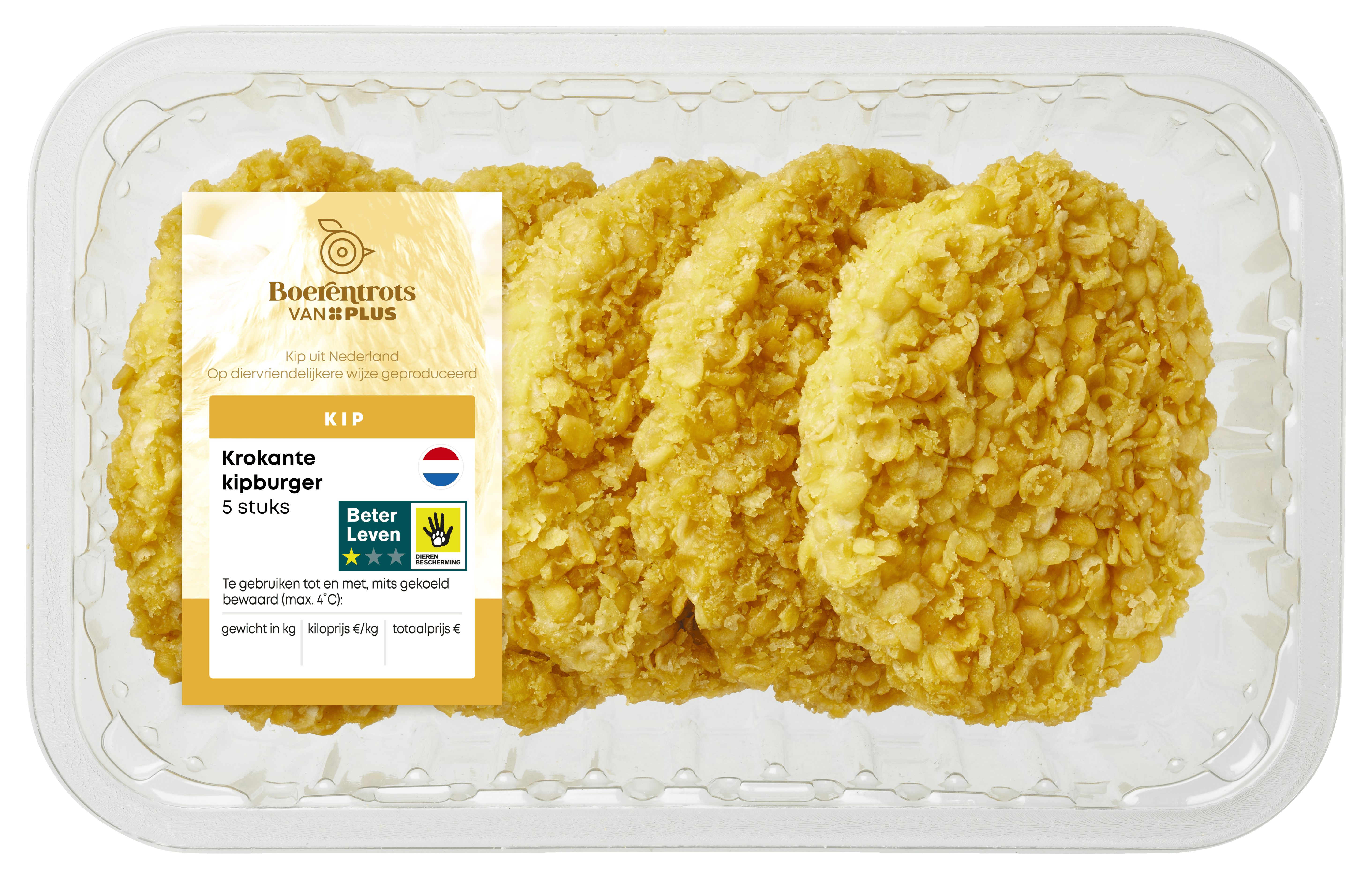 PLUS Boerentrots Krokante kipburger 5 stuks Tray 500 g