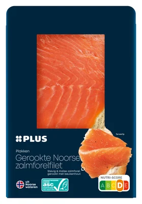 Feestelijk PLUS Gerookte Noorse zalmforelfilet Tray 100 g