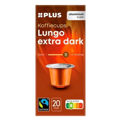 PLUS Koffiecups lungo extra dark Fairtrade Doos 20 st