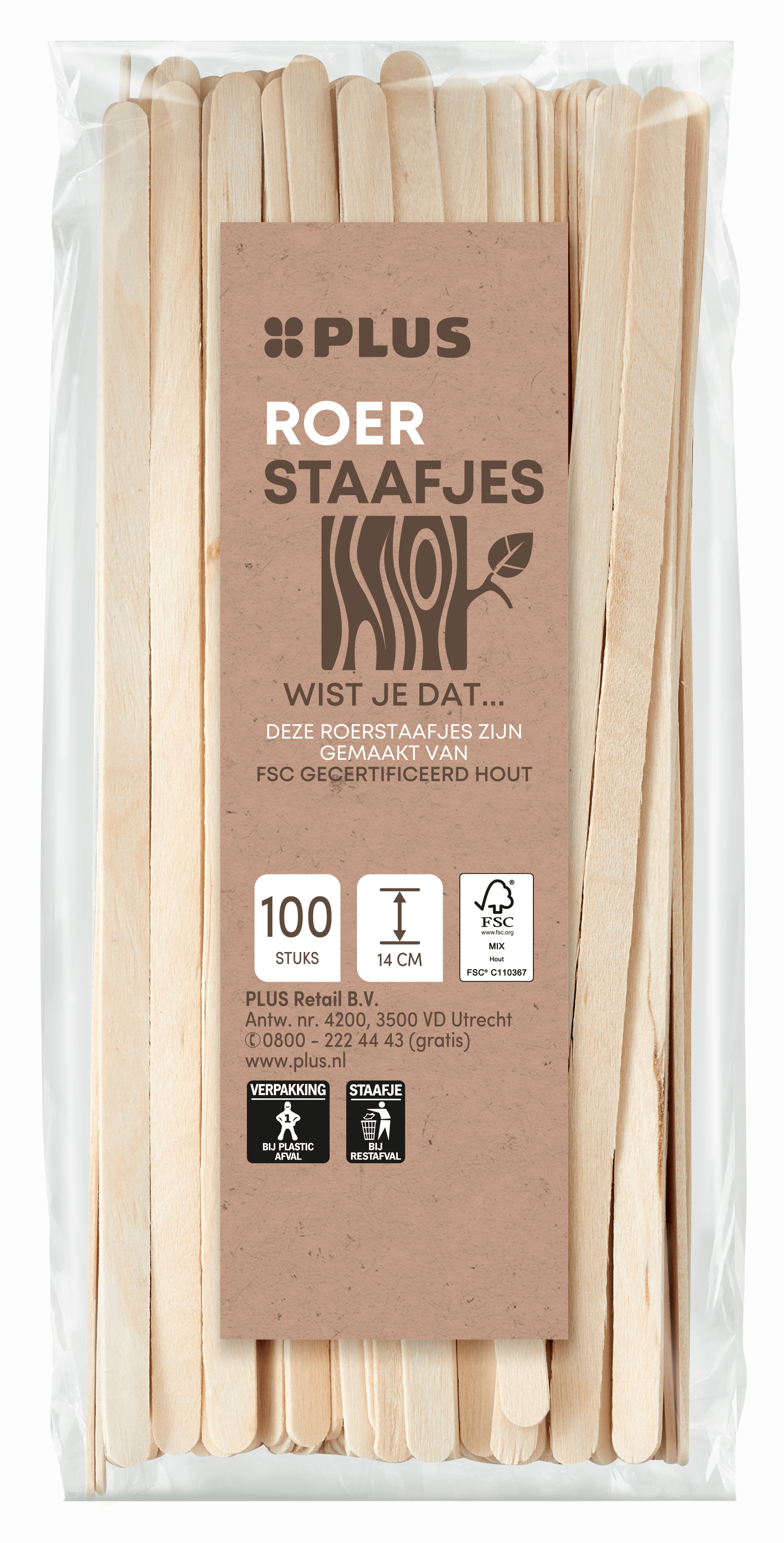 PLUS Roerstaafje hout 140mm FSC Zak 100 st