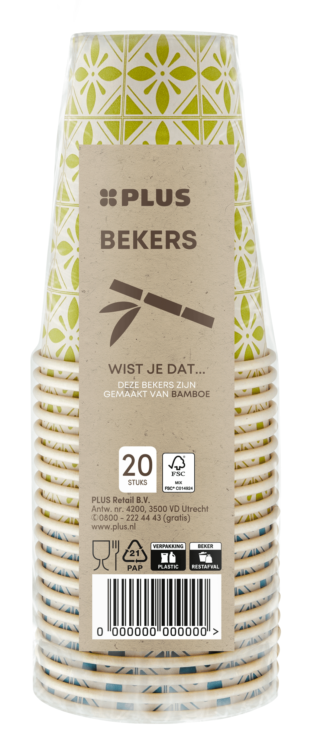 PLUS Beker gekleurd bamboe papier 180ml FSC Zak 20 st
