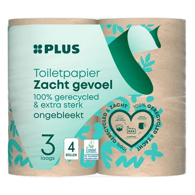 PLUS toiletpapier recycled 150 vel 3 laags Zak 4 st