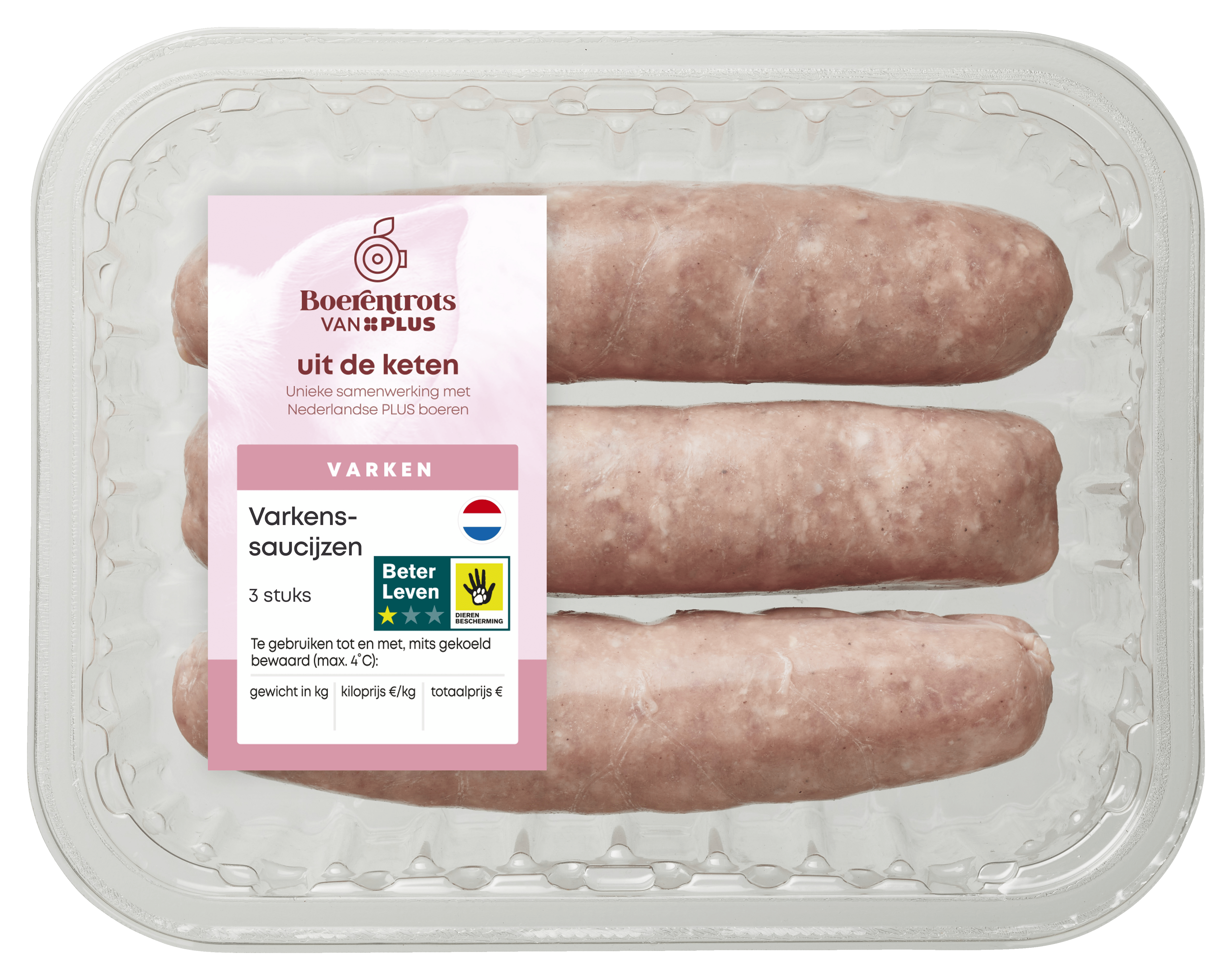 PLUS Boerentrots Varkenssaucijzen 3 st Tray 300 g