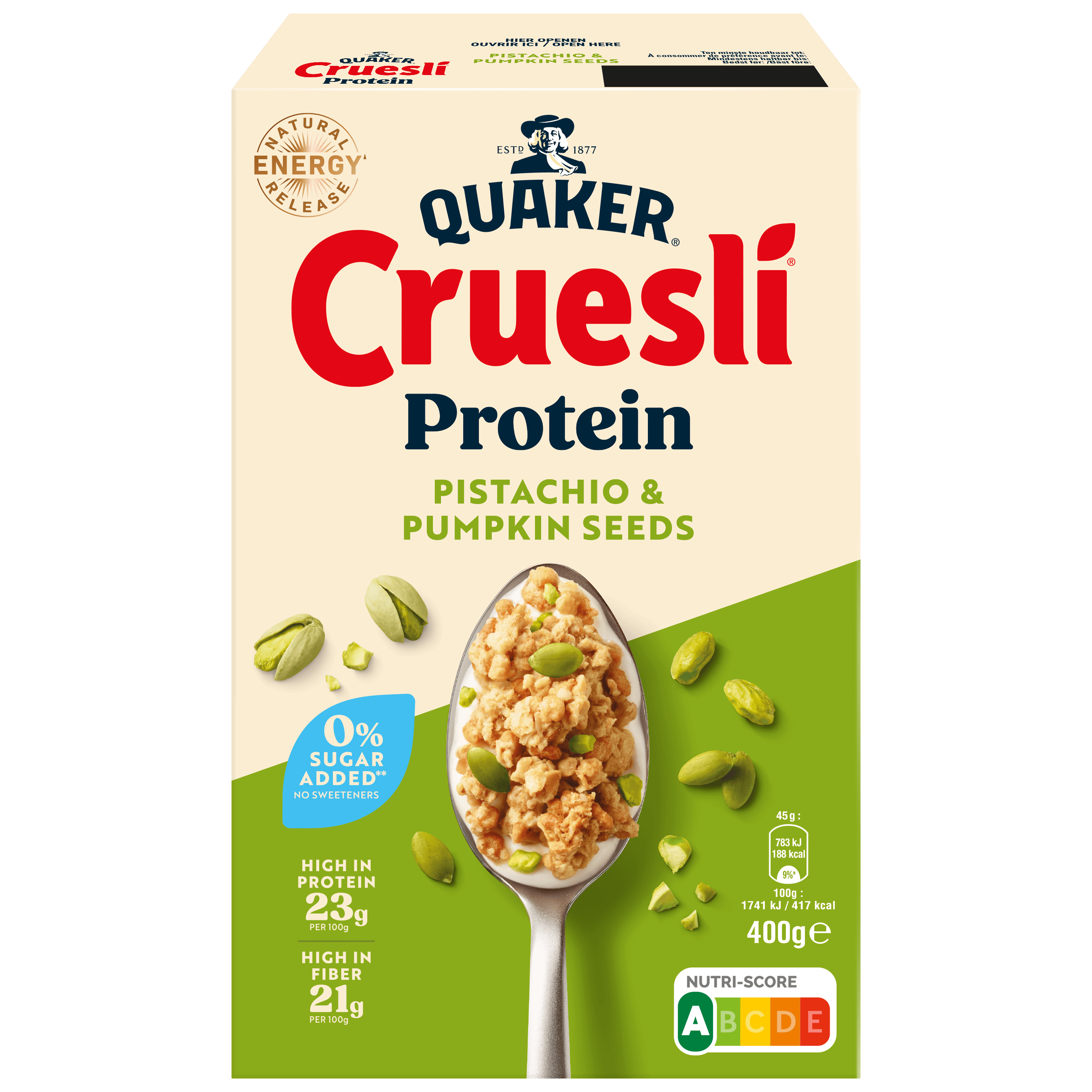 Quaker Cruesli proteine ZSA pistache Doos 400 g