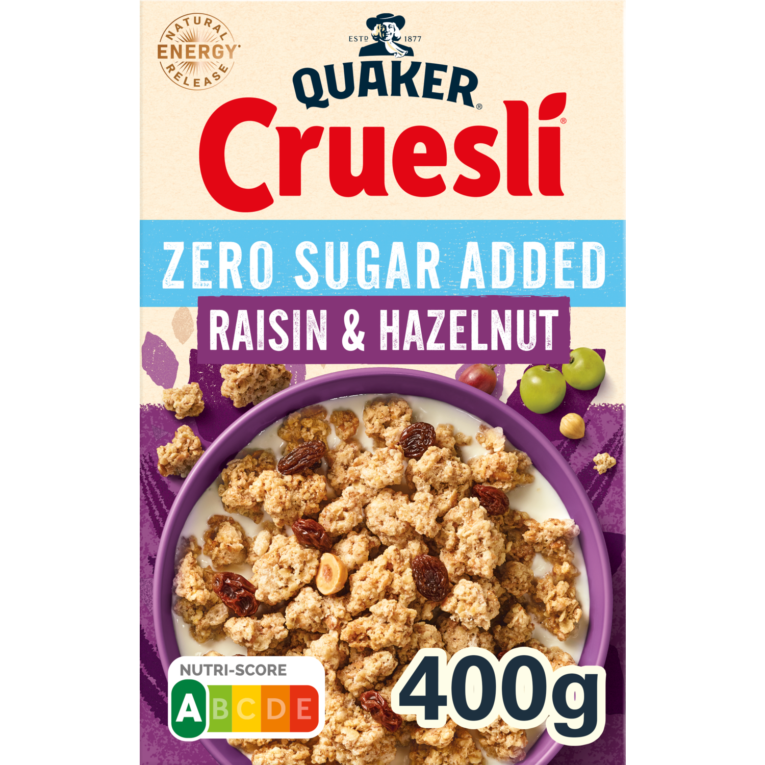 Quaker Cruesli Zero sugar rozijn & hazelnoot