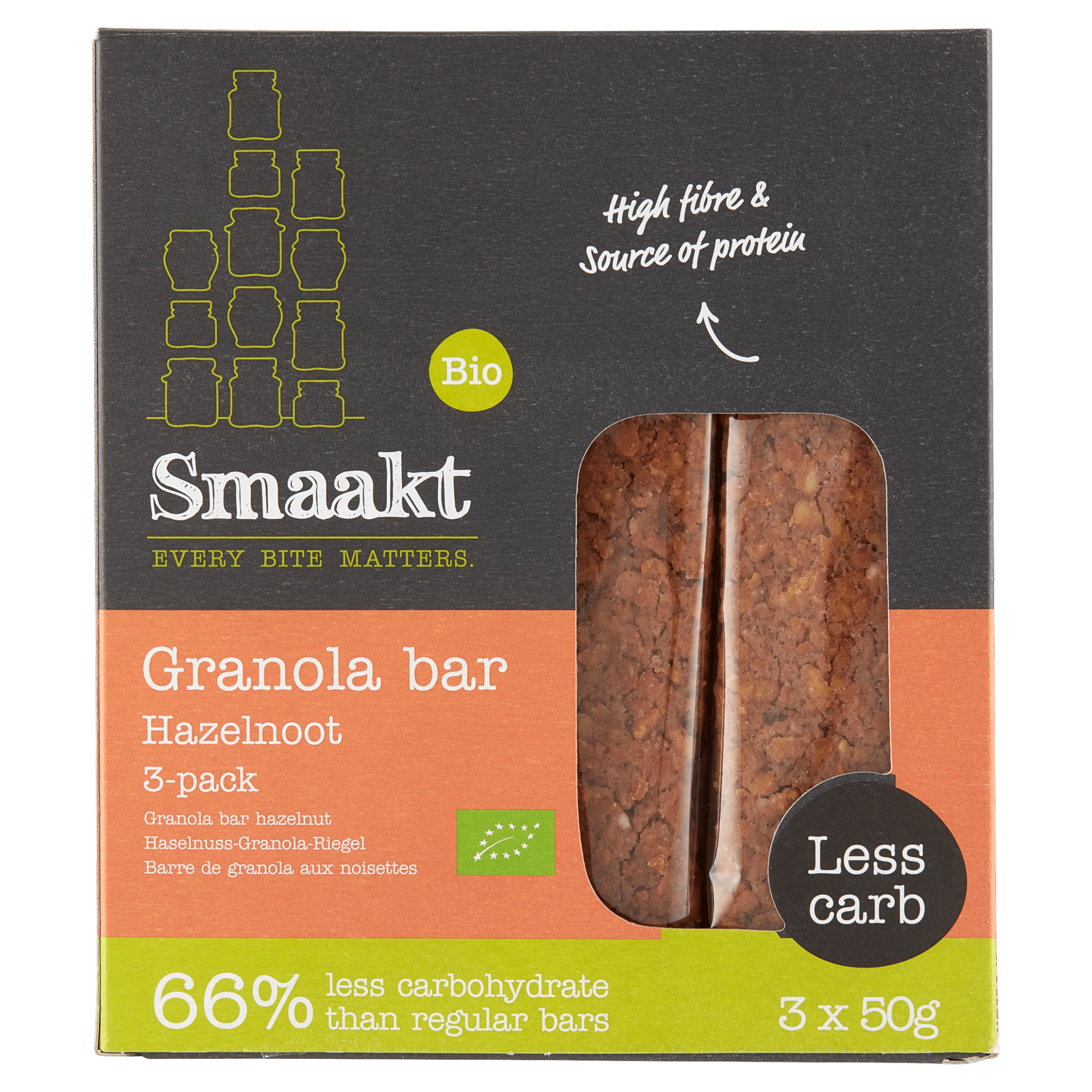 Smaakt Less Carb Bar Hazelnoot Speciaal bio Doos 3 st