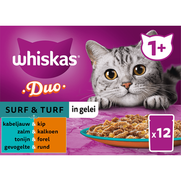 Whiskas 1+ Kattenvoer - Duo Surf & Turf in gelei - maaltijdzakjes 12x85g