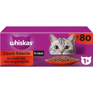 Whiskas 1+ Natvoer - Classic - Selectie in Saus - Maaltijdzakjes 80 x 85 g