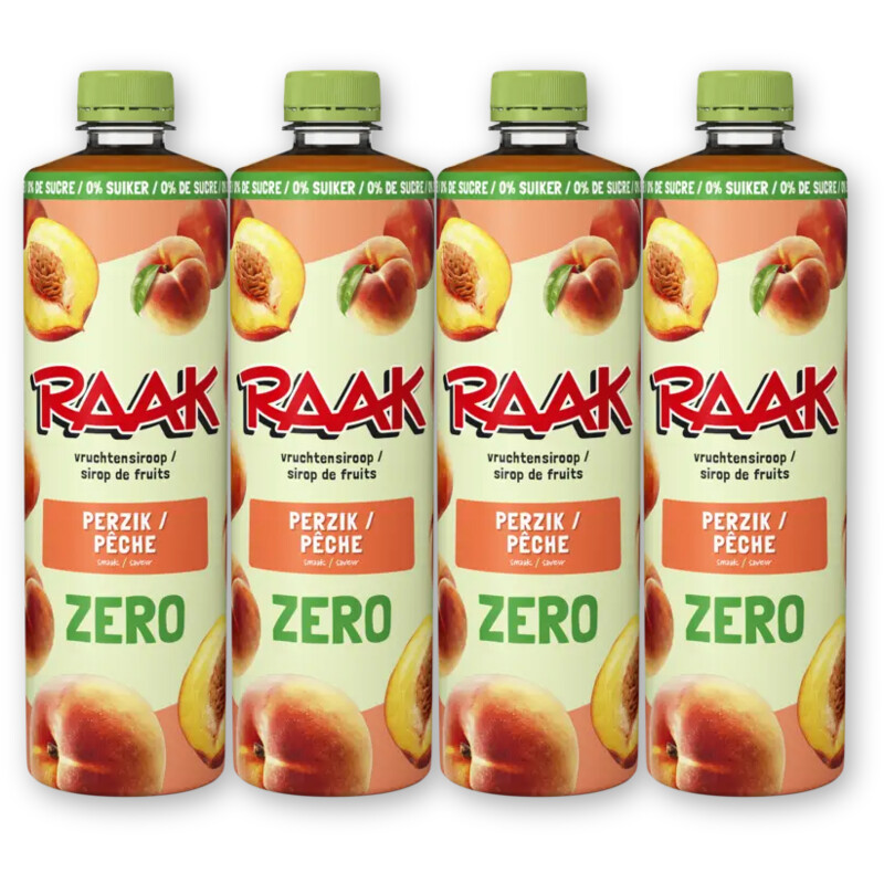 Raak Vruchtensiroop perzik zero sugar 4-pack
