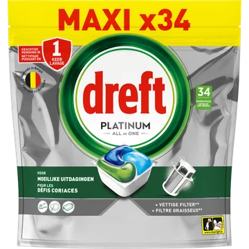 Dreft Platinum All In One Vaatwastabletten, Original, 34 Capsules