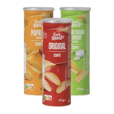 Sun Snacks Stapelchips original, paprika of sour-cream & onion