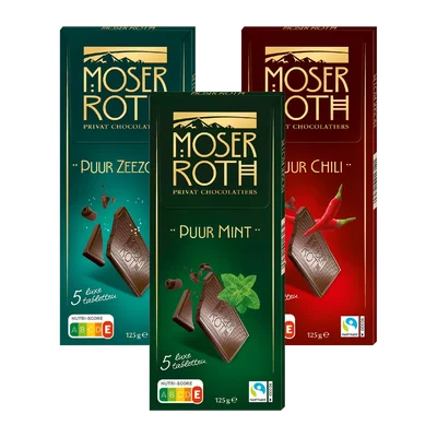 Moser Roth Pure chocolade chili, mint of zeezout