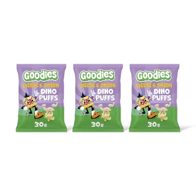 Goodies Snack dino puff cheese & onion 3+ jr 3pk