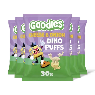 Goodies Snack dino puff cheese & onion 3+ jr 5pk
