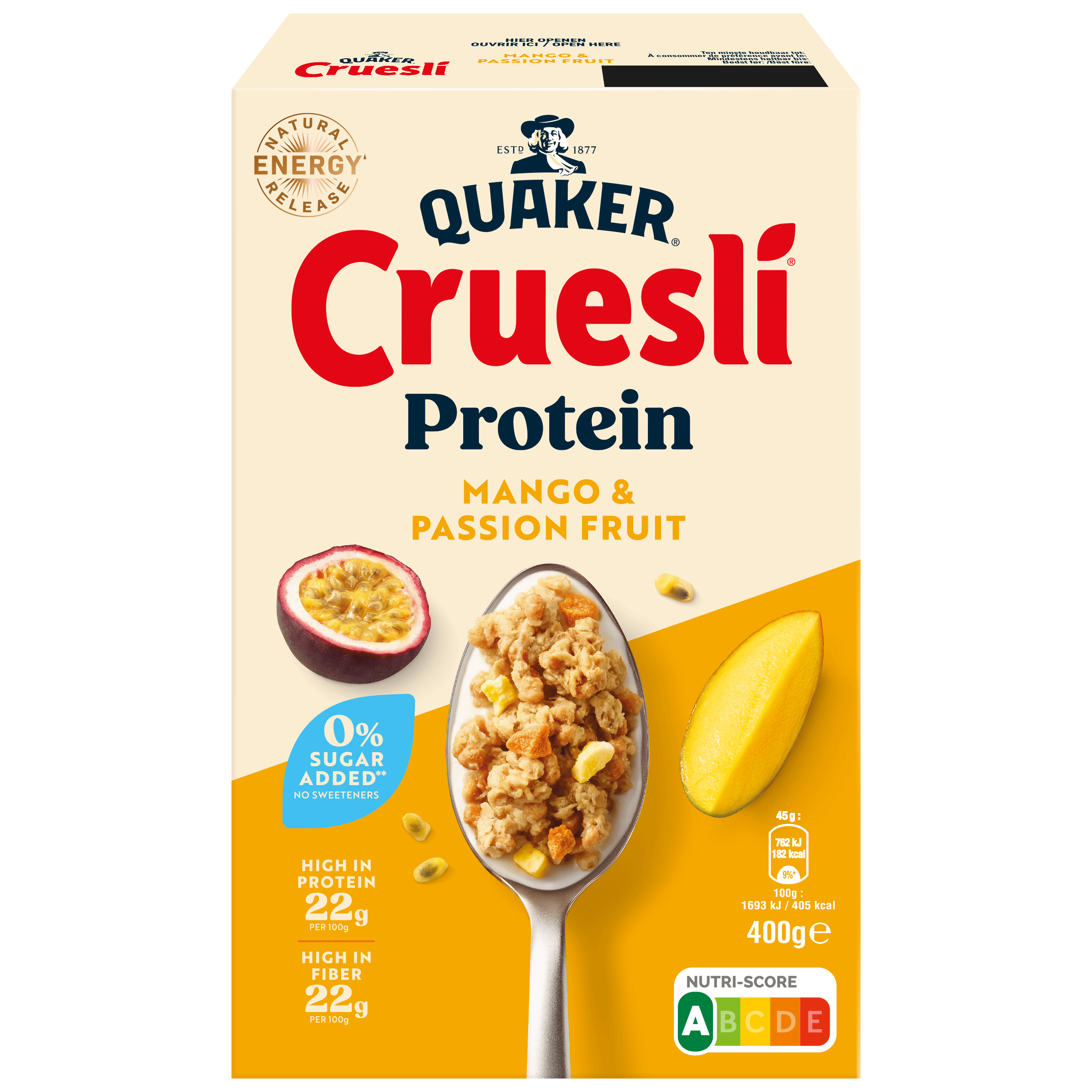 Quaker Cruesli protein mango & passionfruit